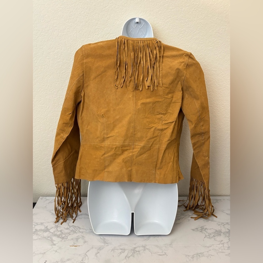 Outer Edge Leather Jacket Women's M Tan Suede Open Front Fringe Cowgirl Vtg - Picture 3 of 5